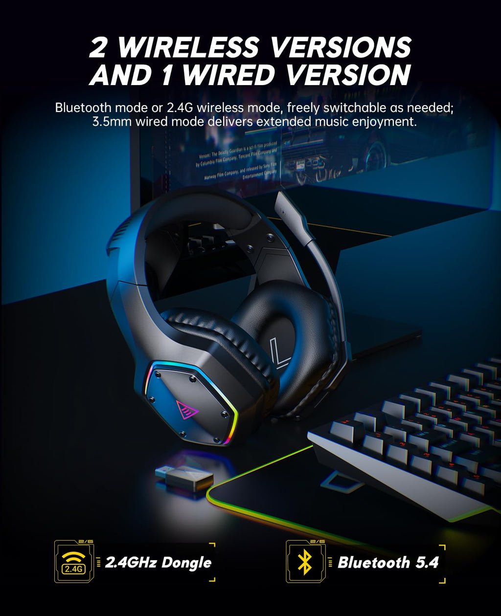 EKSA 2.4GHz Wireless Gaming Headset for PS5,PS4,PC,Switch,Mobile,Mac, Bluetooth Gaming Headphones with ENC Microphone, RGB, 20ms Latency, 120H Battery, 7.1 Surround Sound, 3.5mm Cable Black Silver ZackShop