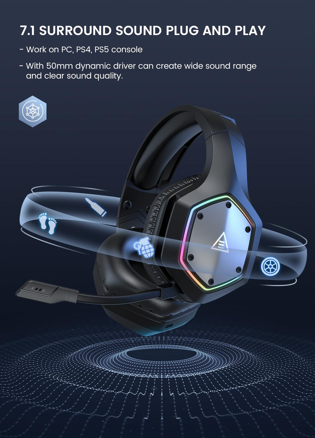 EKSA 2.4GHz Wireless Gaming Headset for PS5,PS4,PC,Switch,Mobile,Mac, Bluetooth Gaming Headphones with ENC Microphone, RGB, 20ms Latency, 120H Battery, 7.1 Surround Sound, 3.5mm Cable Black Silver ZackShop