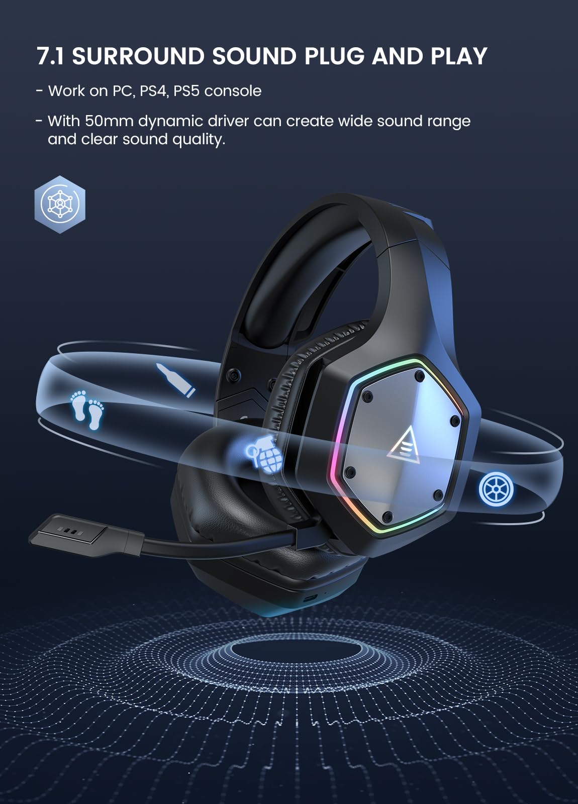EKSA 2.4GHz Wireless Gaming Headset for PS5,PS4,PC,Switch,Mobile,Mac, Bluetooth Gaming Headphones with ENC Microphone, RGB, 20ms Latency, 120H Battery, 7.1 Surround Sound, 3.5mm Cable Black Silver ZackShop