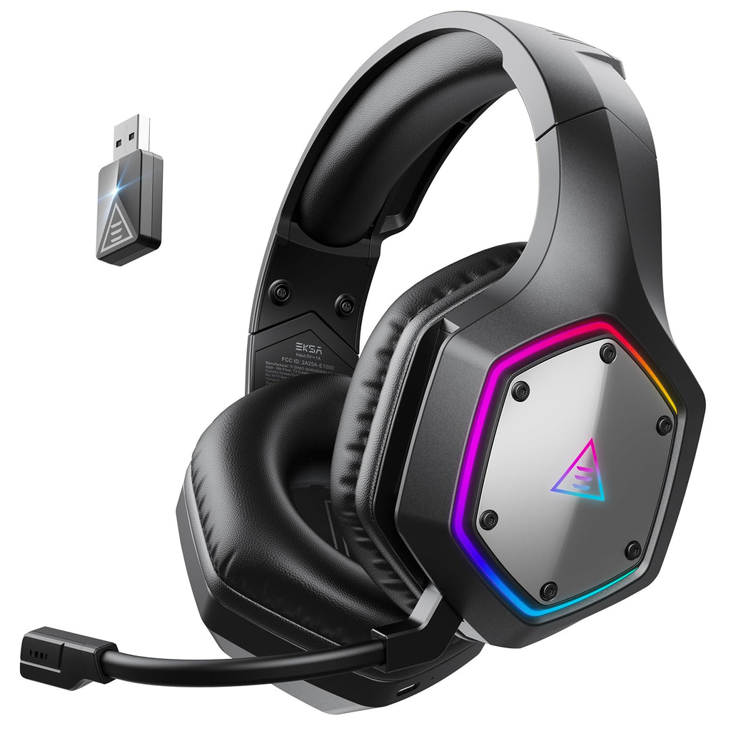 EKSA 2.4GHz Wireless Gaming Headset for PS5,PS4,PC,Switch,Mobile,Mac, Bluetooth Gaming Headphones with ENC Microphone, RGB, 20ms Latency, 120H Battery, 7.1 Surround Sound, 3.5mm Cable Black Silver ZackShop
