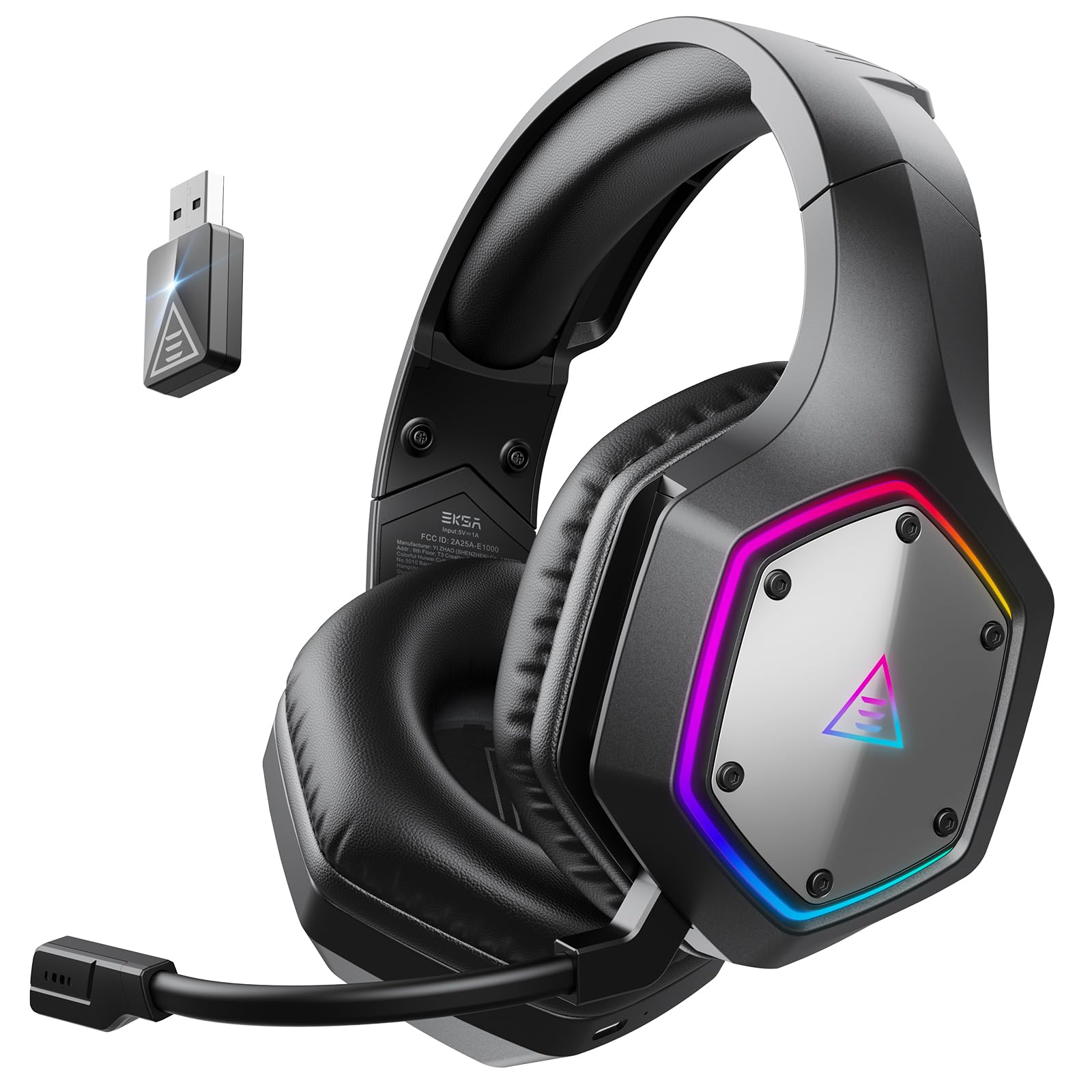 EKSA 2.4GHz Wireless Gaming Headset for PS5,PS4,PC,Switch,Mobile,Mac, Bluetooth Gaming Headphones with ENC Microphone, RGB, 20ms Latency, 120H Battery, 7.1 Surround Sound, 3.5mm Cable Black Silver ZackShop