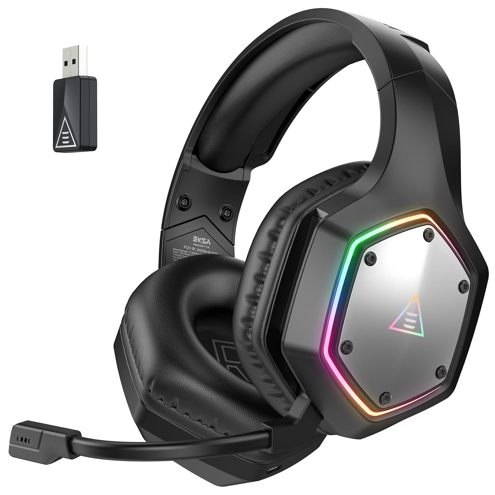 EKSA 2.4GHz Wireless Gaming Headset for PS5,PS4,PC,Switch,Mobile,Mac, Bluetooth Gaming Headphones with ENC Microphone, RGB, 20ms Latency, 120H Battery, 7.1 Surround Sound, 3.5mm Cable Black Silver ZackShop