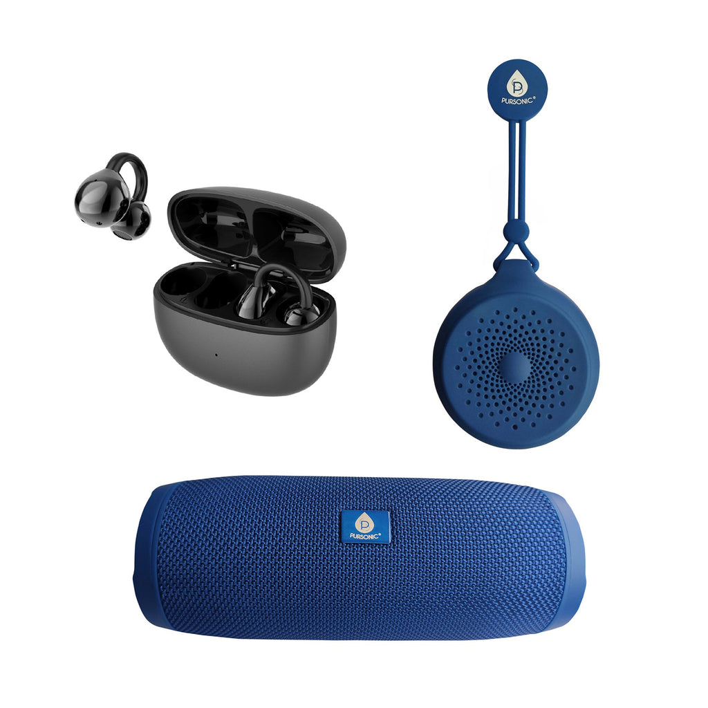 Total Audio Freedom Collection – Wireless Earbuds + Extended-Play 360° Speaker + Waterproof Suction Speaker Pursonic