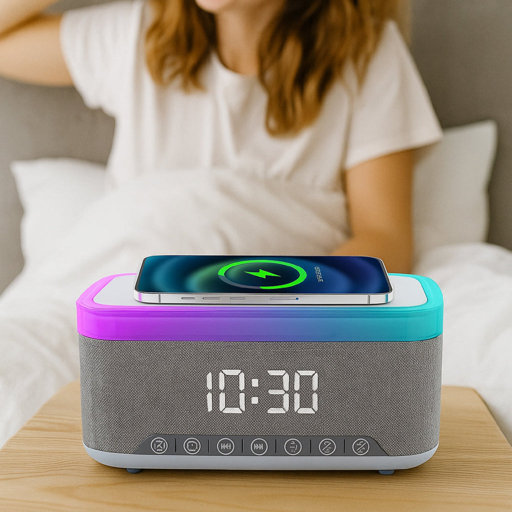 Desk-to-Bedside Power & Comfort Bundle – Sip & Charge 2-in-1 Mug Warmer + 5-in-1 Wireless Charging Alarm Clock Speaker Pursonic