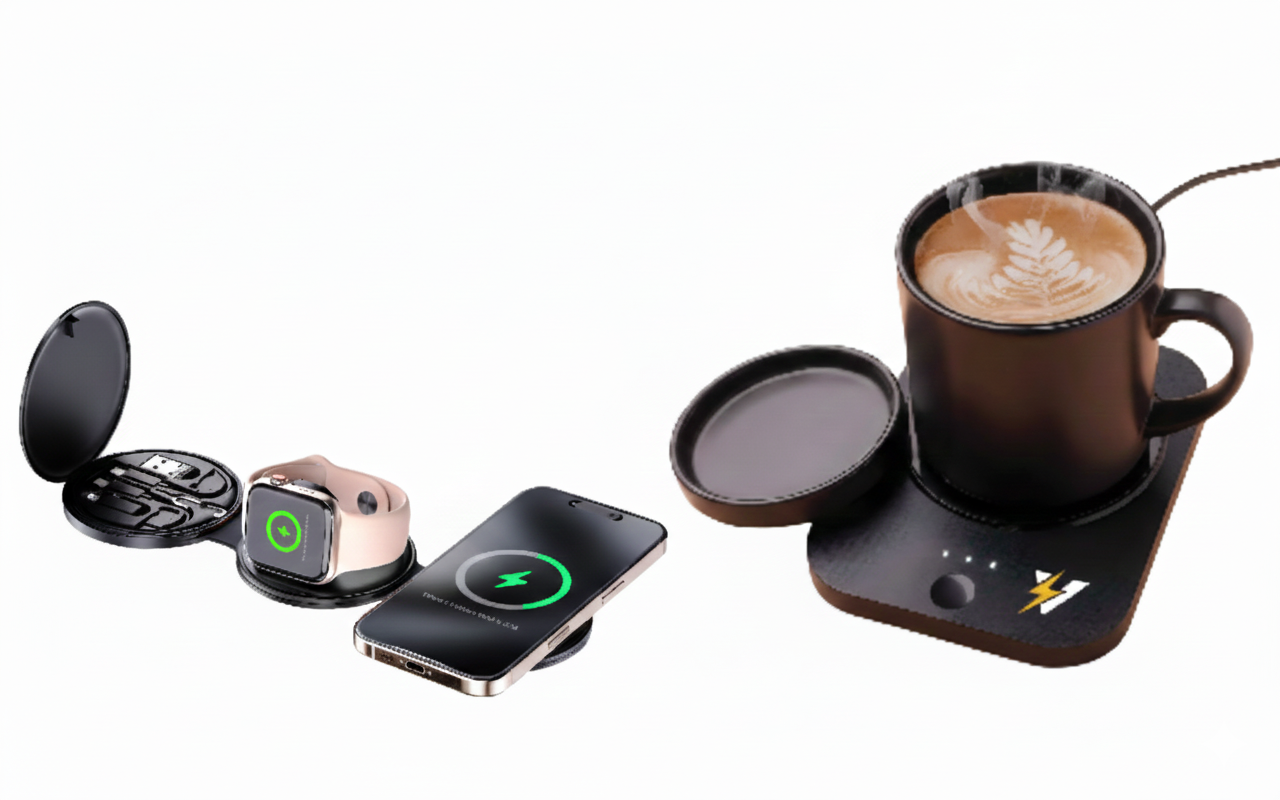 Complete Wireless Charging & Comfort Bundle – Sip & Charge 2-in-1 Mug Warmer + 5-in-1 Folding Charging Station Pursonic