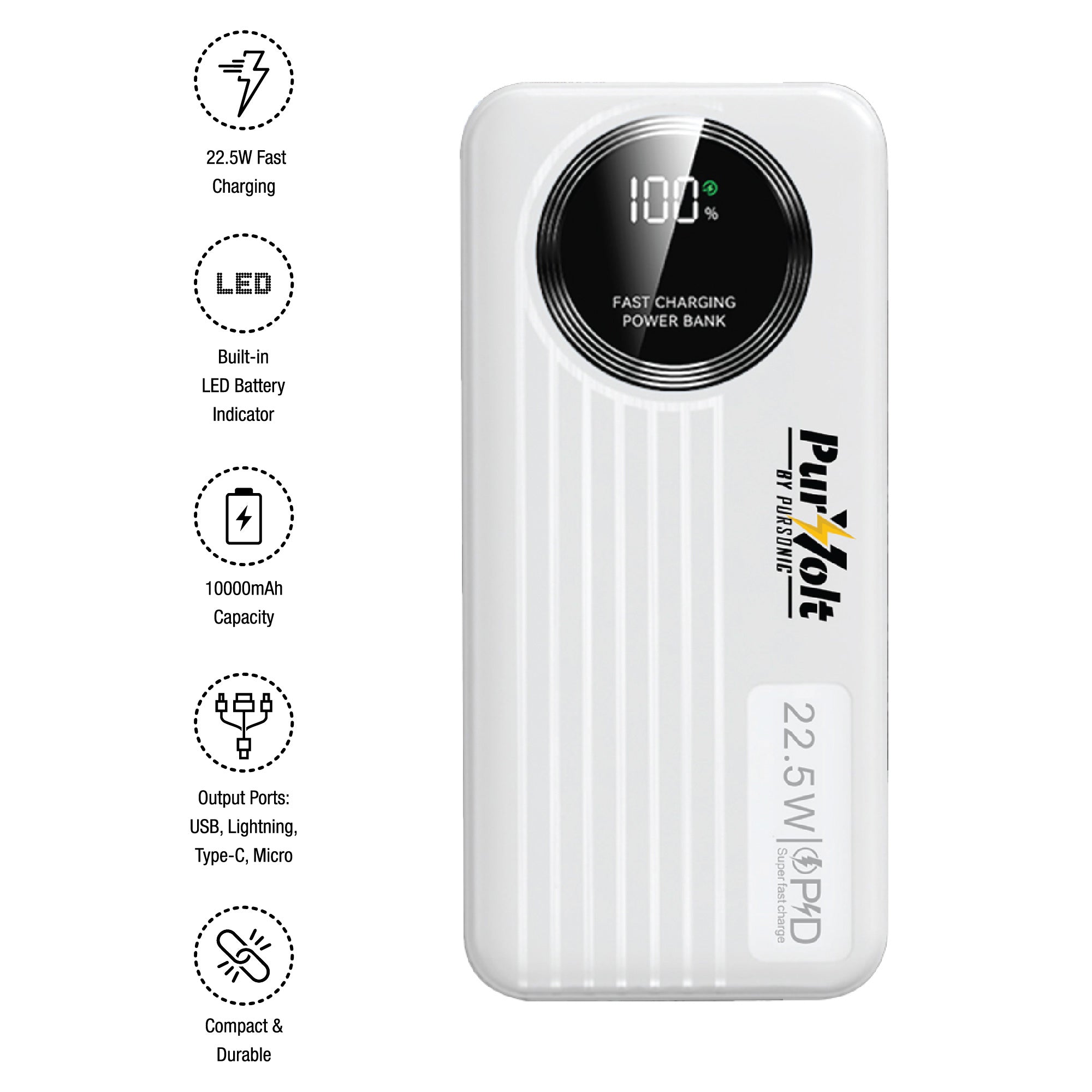 Pursonic 10,000mAh LED Fast Charging Power Bank – Built-in Cables, 22.5W Output, Type-C/USB/Lightning Compatibility Pursonic
