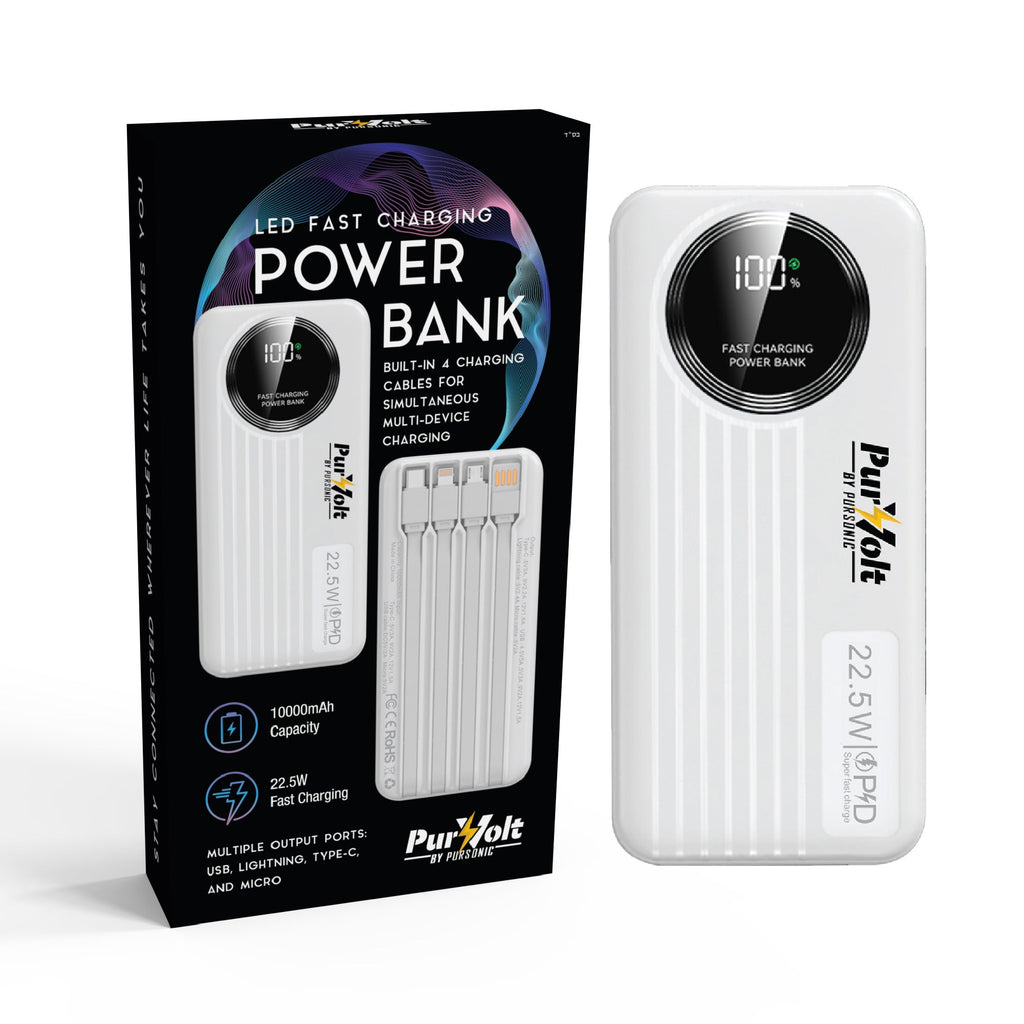 Pursonic 10,000mAh LED Fast Charging Power Bank – Built-in Cables, 22.5W Output, Type-C/USB/Lightning Compatibility Pursonic