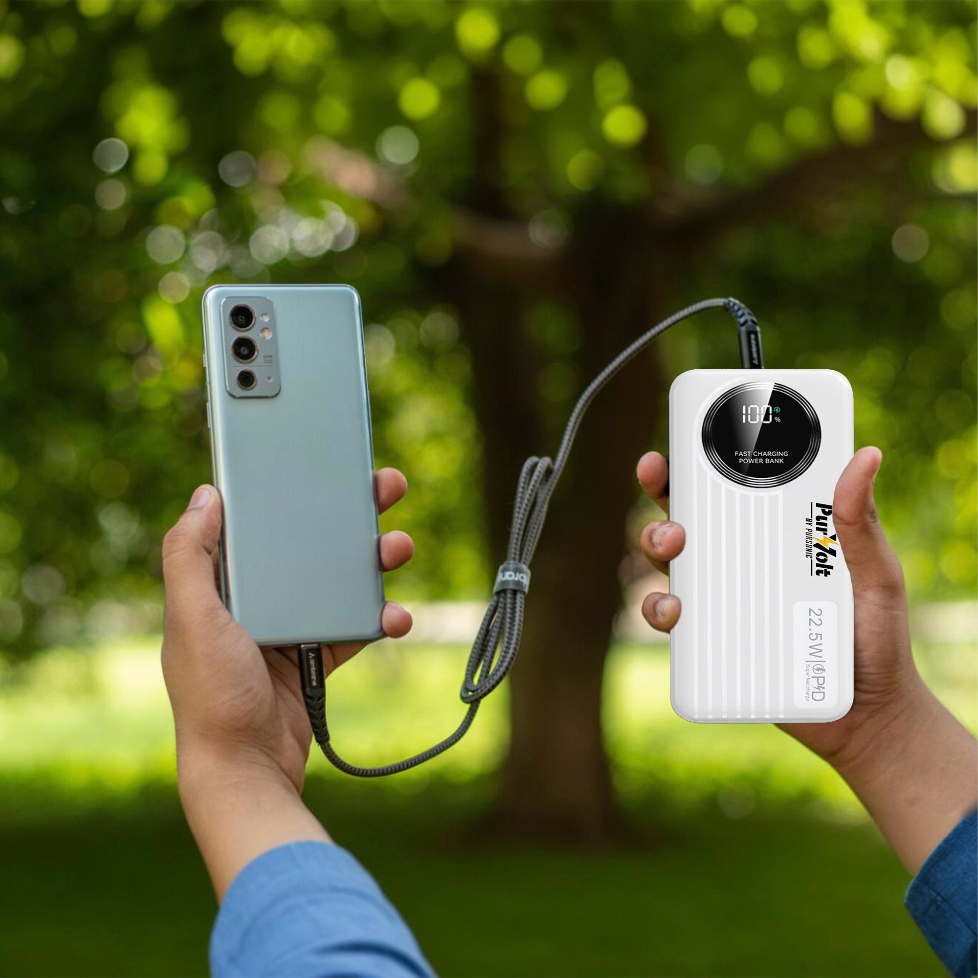Pursonic 10,000mAh LED Fast Charging Power Bank – Built-in Cables, 22.5W Output, Type-C/USB/Lightning Compatibility Pursonic