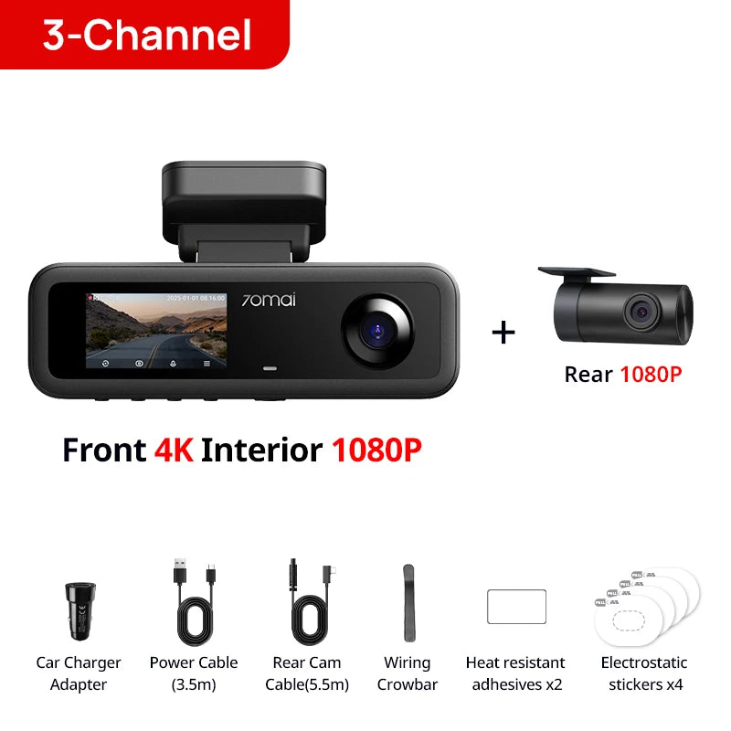70mai 4K T800E 3-Channel Dash Cam Front Rear Interior 3-in-1 Voice Control 24H Parking Supercapacitor GPS 4K Car DVR 70mai T800E 70mai Official Store