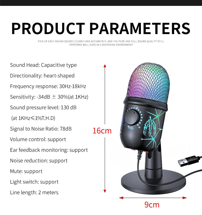 Gaming Microphone USB Microphone for PC Condenser Podcast Mic for Studio Recording with Headphone Jack, Led, Noise Cancellation basix Official Store