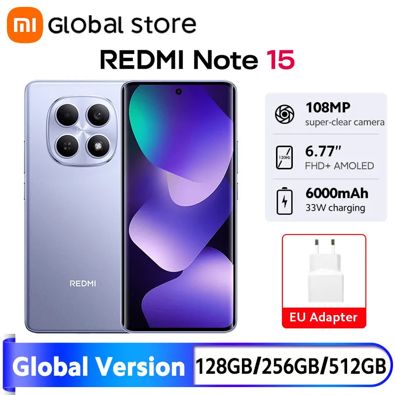 Global Version Xiaomi Redmi Note 15 4G Smartphone 108MP Camera 6.77" AMOLED MTK Helio G100-Ultra 128GB / 256GB ROM 33W 6000mAh Xiaomi Mi - Global Store