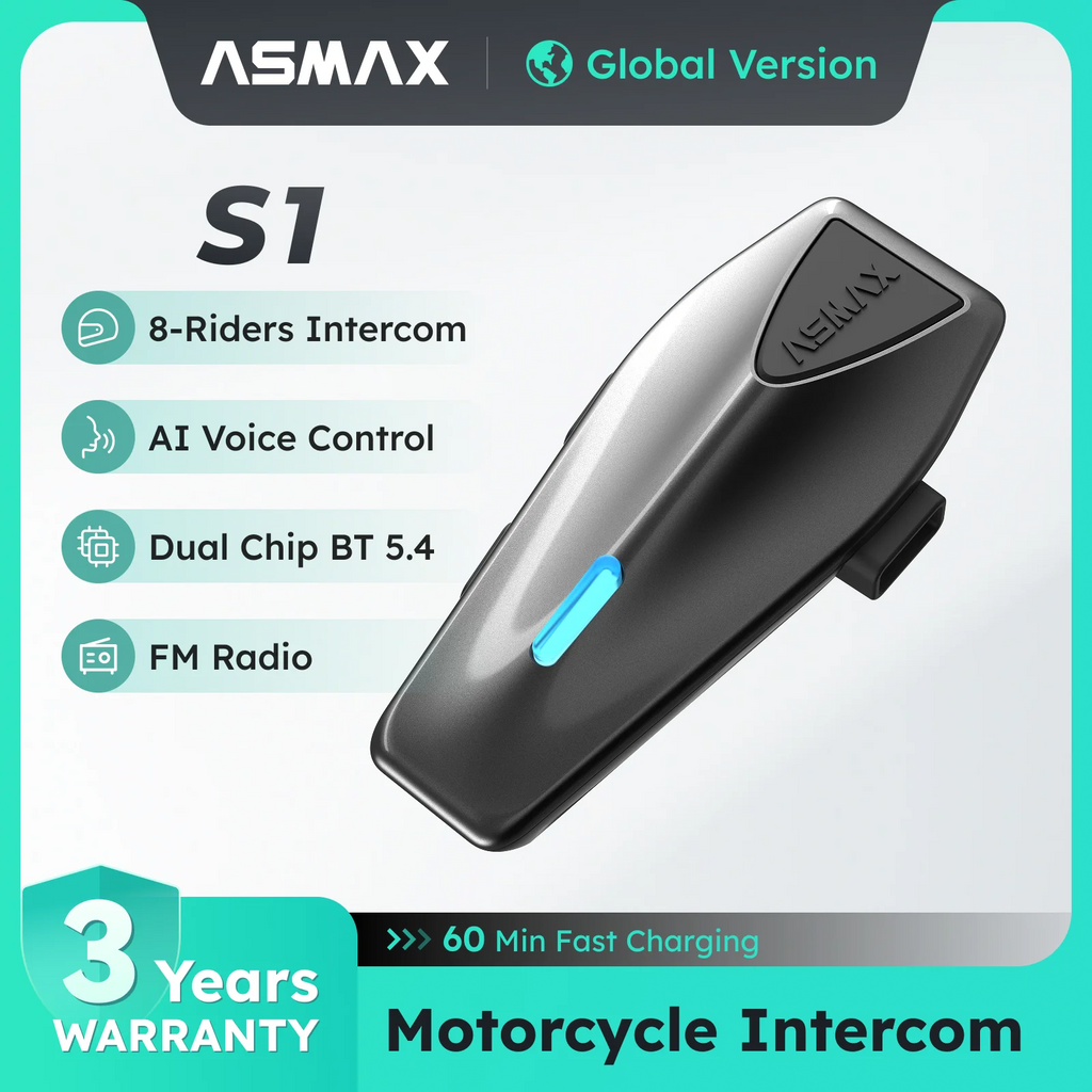 ASMAX S1 Bluetooth Motorcycle Intercom 8 Riders Communication Headset with FM & ENC Mic, Voice Control, IPX7 Waterproof ASMAX Official Store