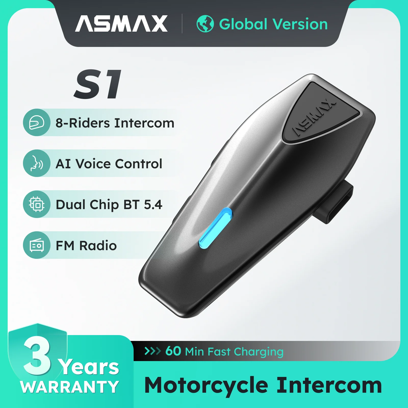 ASMAX S1 Bluetooth Motorcycle Intercom 8 Riders Communication Headset with FM & ENC Mic, Voice Control, IPX7 Waterproof ASMAX Official Store