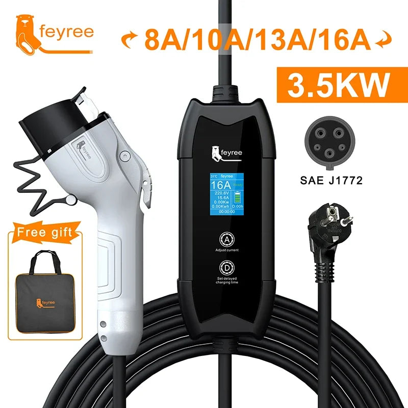 feyree EV Portable Charger Type2 / GB/T Plug Connector 16A 1Phase 3.5KW Type1 3.5m Wallbox Charging Station for Electric Vehicle feyree Official Store