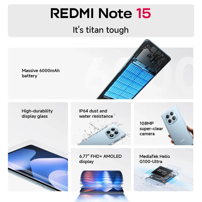Global Version Xiaomi Redmi Note 15 4G Smartphone 108MP Camera 6.77" AMOLED MTK Helio G100-Ultra 128GB / 256GB ROM 33W 6000mAh Xiaomi Mi - Global Store