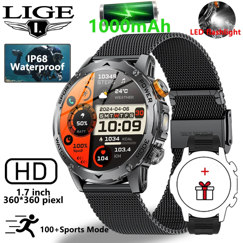 LIGE New 1000mAh Big Battery Smart Watch Men LED Flashlight Bluetooth Call IP68 Waterproof Man Watches 100+Spots Mode Smartwatch LIGE Smart Watch Official Store