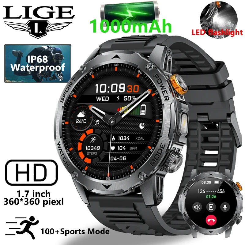 LIGE New 1000mAh Big Battery Smart Watch Men LED Flashlight Bluetooth Call IP68 Waterproof Man Watches 100+Spots Mode Smartwatch LIGE Smart Watch Official Store