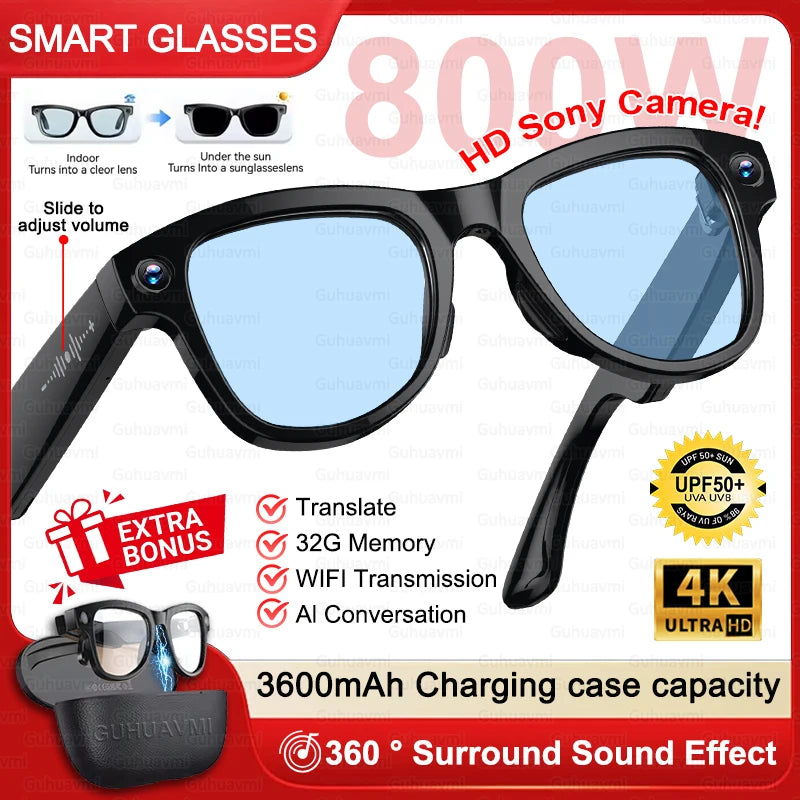 2026 New 3600mAh Large Battery Smart Glasses 8MP HD Camera Video Recording AI Photo Recognition Translation Voice Sunglasses Men