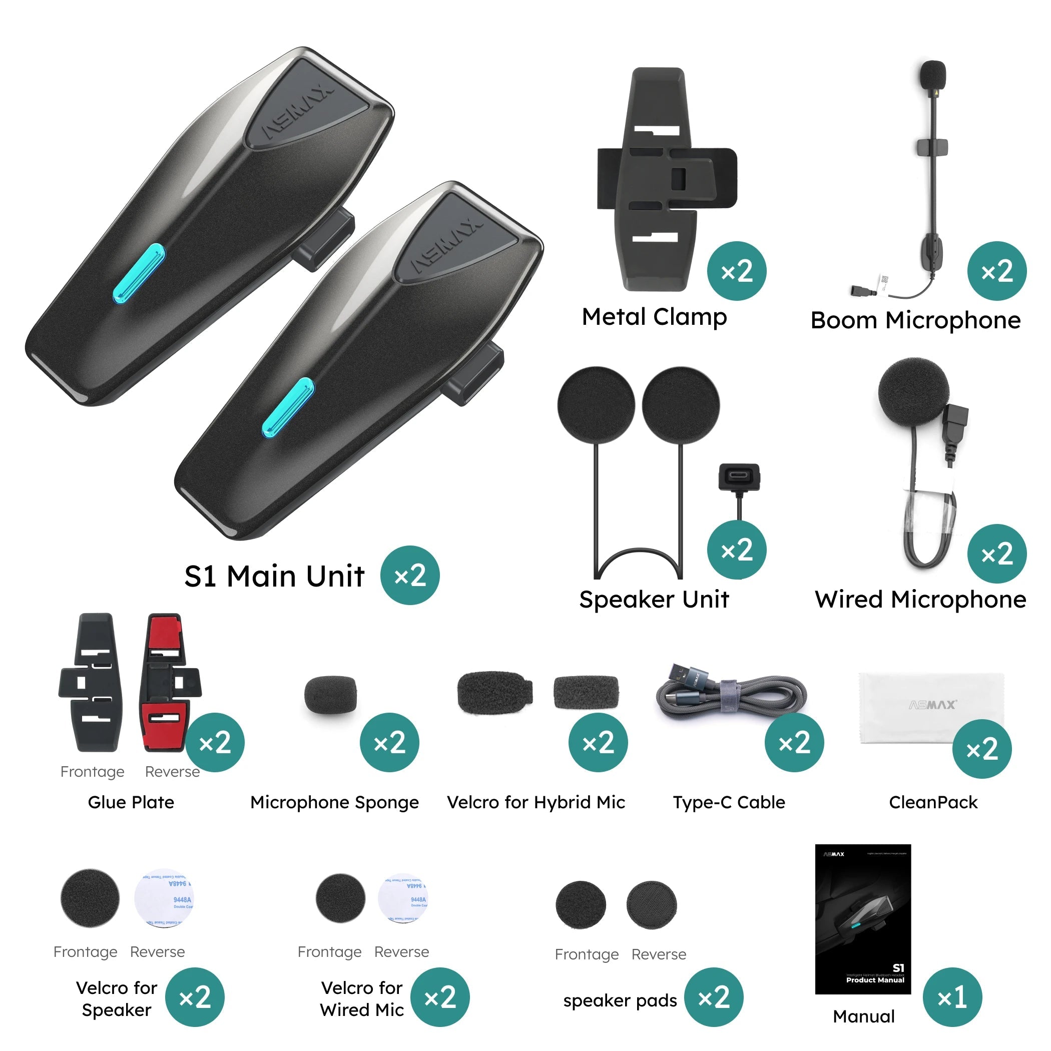 ASMAX S1 Bluetooth Motorcycle Intercom 8 Riders Communication Headset with FM & ENC Mic, Voice Control, IPX7 Waterproof ASMAX Official Store