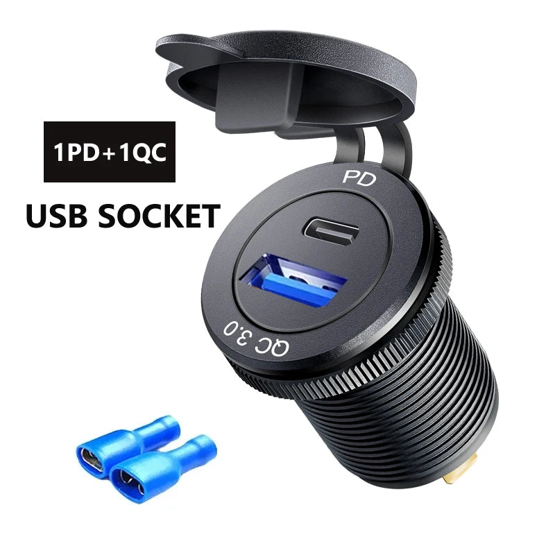 Type c car usb charger socket 12/24V Three Port USB Charger Socket USB-C PD & Dual QC 3.0 For Car Motorcycle Boat RV Fiuzd Car Accessories Store