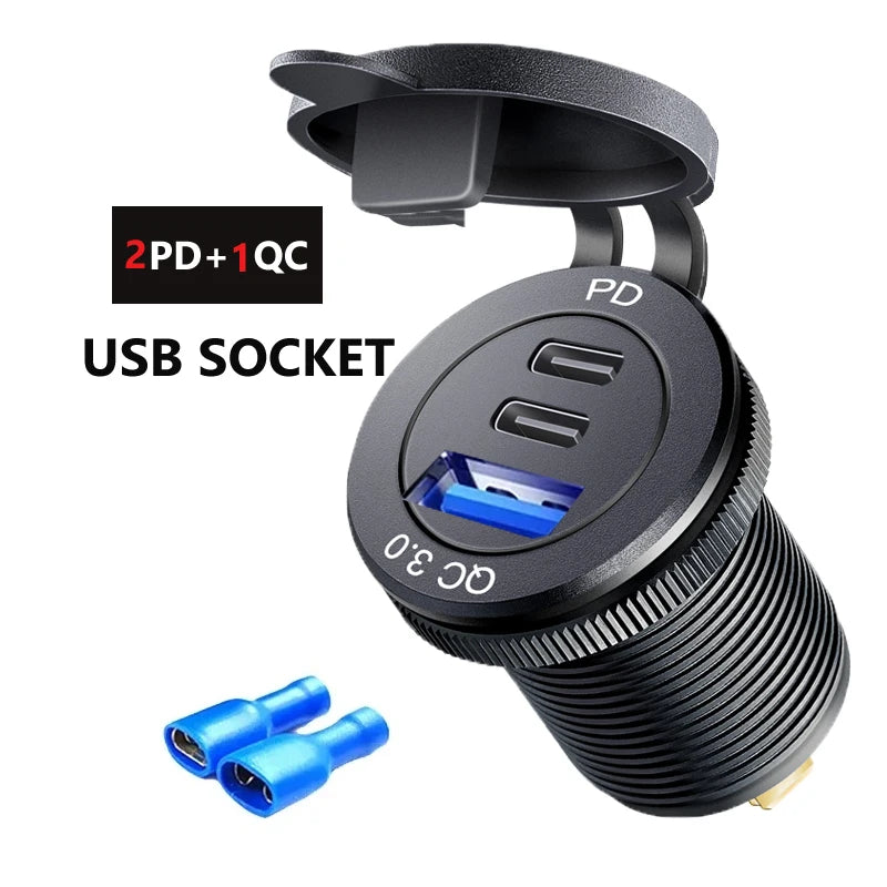 Type c car usb charger socket 12/24V Three Port USB Charger Socket USB-C PD & Dual QC 3.0 For Car Motorcycle Boat RV Fiuzd Car Accessories Store