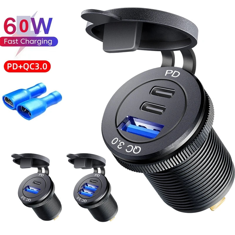 Type c car usb charger socket 12/24V Three Port USB Charger Socket USB-C PD & Dual QC 3.0 For Car Motorcycle Boat RV Fiuzd Car Accessories Store