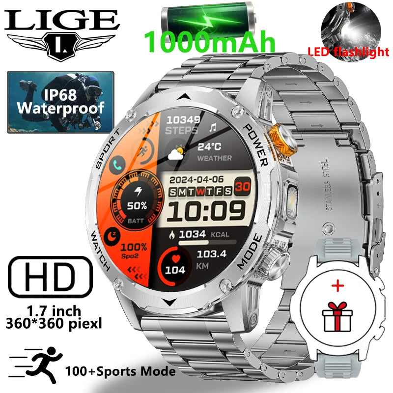 LIGE New 1000mAh Big Battery Smart Watch Men LED Flashlight Bluetooth Call IP68 Waterproof Man Watches 100+Spots Mode Smartwatch LIGE Smart Watch Official Store