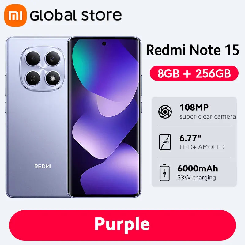 Global Version Xiaomi Redmi Note 15 4G Smartphone 108MP Camera 6.77" AMOLED MTK Helio G100-Ultra 128GB / 256GB ROM 33W 6000mAh Xiaomi Mi - Global Store