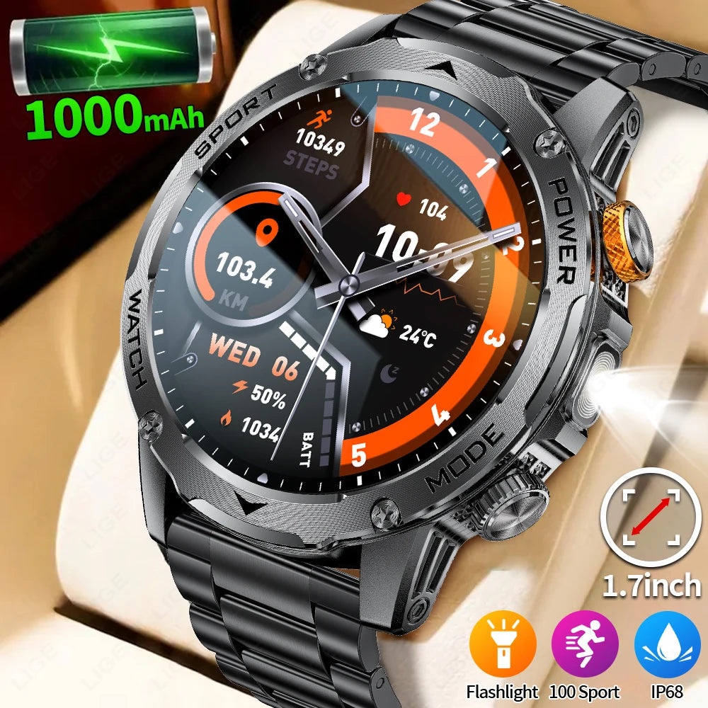 LIGE New 1000mAh Big Battery Smart Watch Men LED Flashlight Bluetooth Call IP68 Waterproof Man Watches 100+Spots Mode Smartwatch LIGE Smart Watch Official Store