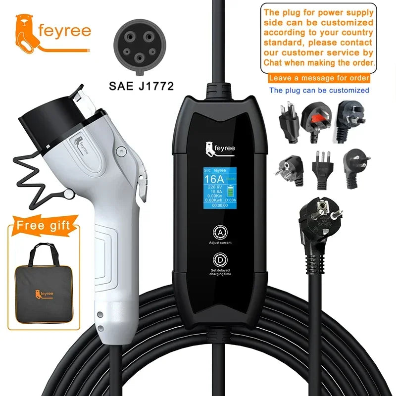 feyree EV Portable Charger Type2 / GB/T Plug Connector 16A 1Phase 3.5KW Type1 3.5m Wallbox Charging Station for Electric Vehicle feyree Official Store