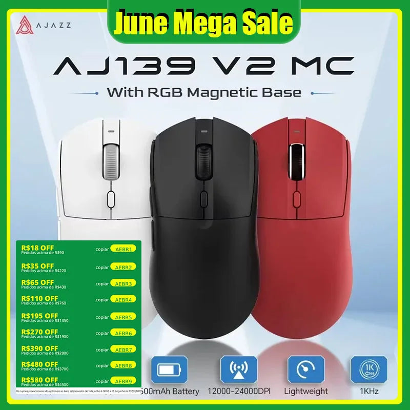 AJAZZ AJ139 V2 MC/AJ139 PRO Wireless Gaming Mouse PAW3311/PAW3395 Sensor 12000DPI/26000DPI 500mAh Bluetooth Mouse Gamer For PC Ajazz Global Official Store