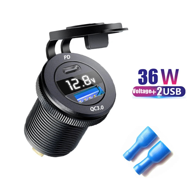 Type c car usb charger socket 12/24V Three Port USB Charger Socket USB-C PD & Dual QC 3.0 For Car Motorcycle Boat RV Fiuzd Car Accessories Store
