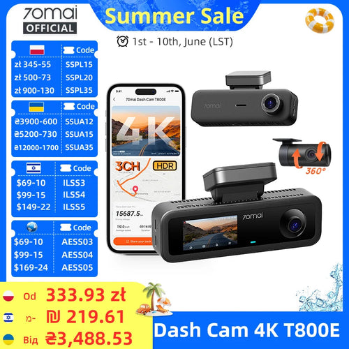 70mai 4K T800E 3-Channel Dash Cam Front Rear Interior 3-in-1 Voice Control 24H Parking Supercapacitor GPS 4K Car DVR 70mai T800E 70mai Official Store