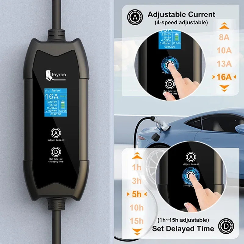 feyree EV Portable Charger Type2 / GB/T Plug Connector 16A 1Phase 3.5KW Type1 3.5m Wallbox Charging Station for Electric Vehicle feyree Official Store