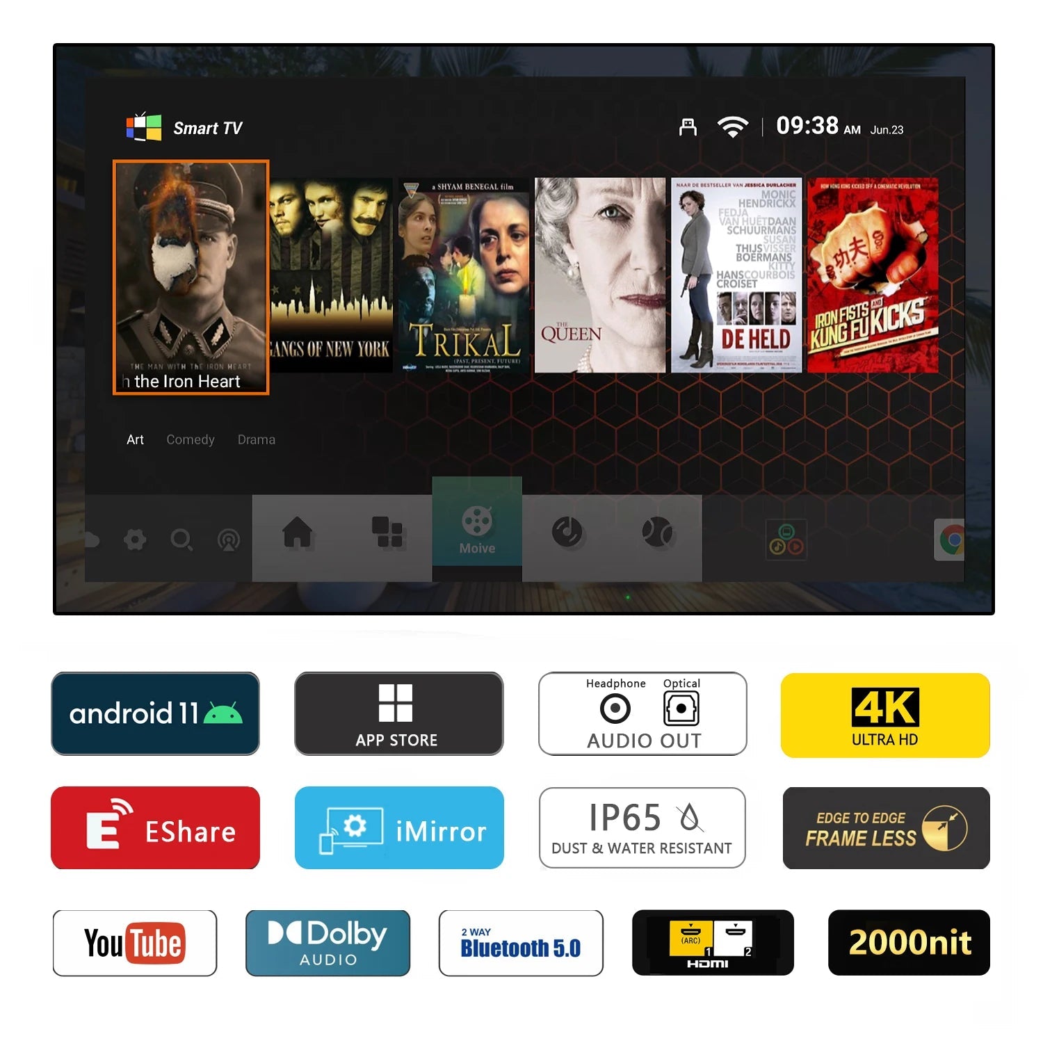 Soulaca 55-inch Waterproof Smart Android Outdoor TV 2000nits Full Sun TV 4K Dolby Atmos HDR 10 Weatherproof Television Support Soulaca INC Store