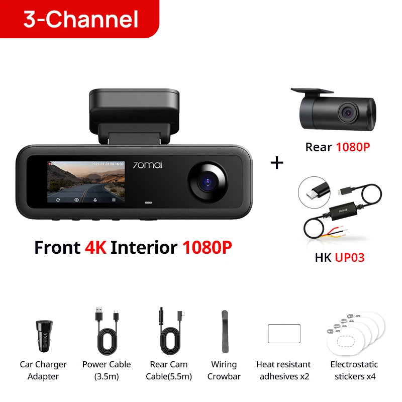 70mai 4K T800E 3-Channel Dash Cam Front Rear Interior 3-in-1 Voice Control 24H Parking Supercapacitor GPS 4K Car DVR 70mai T800E 70mai Official Store