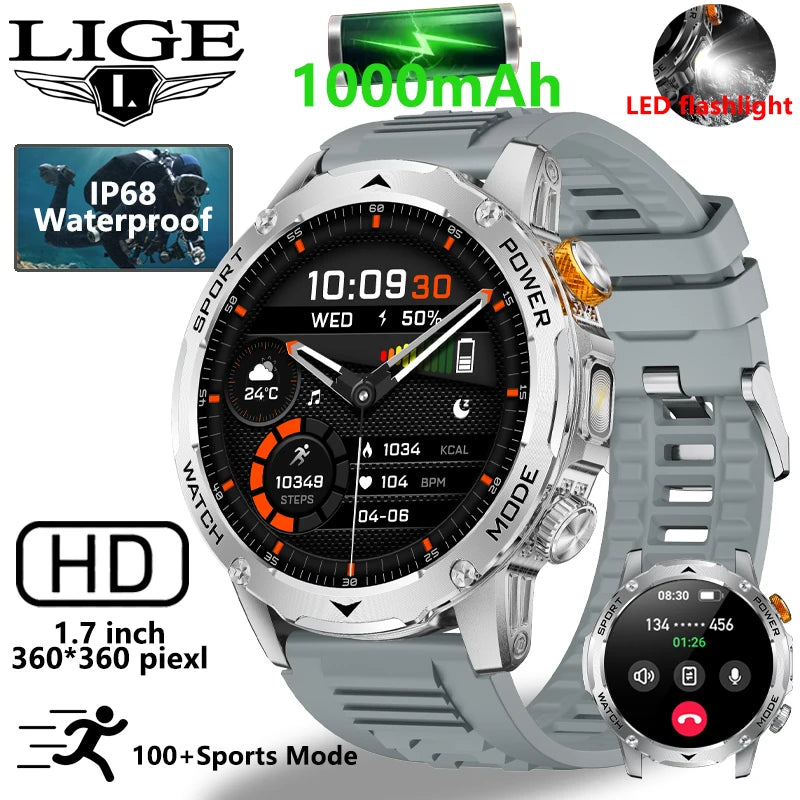 LIGE New 1000mAh Big Battery Smart Watch Men LED Flashlight Bluetooth Call IP68 Waterproof Man Watches 100+Spots Mode Smartwatch LIGE Smart Watch Official Store