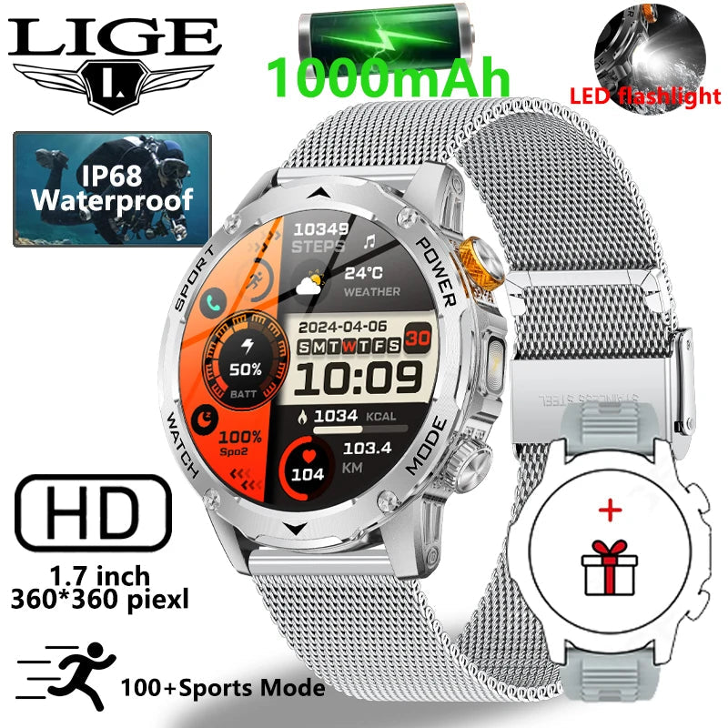 LIGE New 1000mAh Big Battery Smart Watch Men LED Flashlight Bluetooth Call IP68 Waterproof Man Watches 100+Spots Mode Smartwatch LIGE Smart Watch Official Store