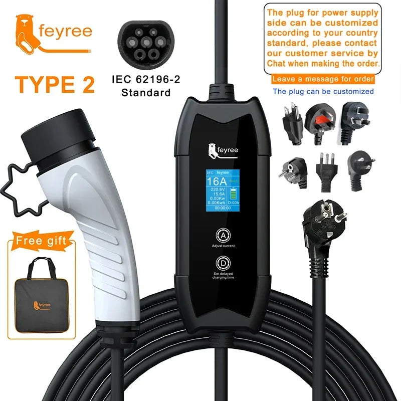 feyree EV Portable Charger Type2 / GB/T Plug Connector 16A 1Phase 3.5KW Type1 3.5m Wallbox Charging Station for Electric Vehicle feyree Official Store