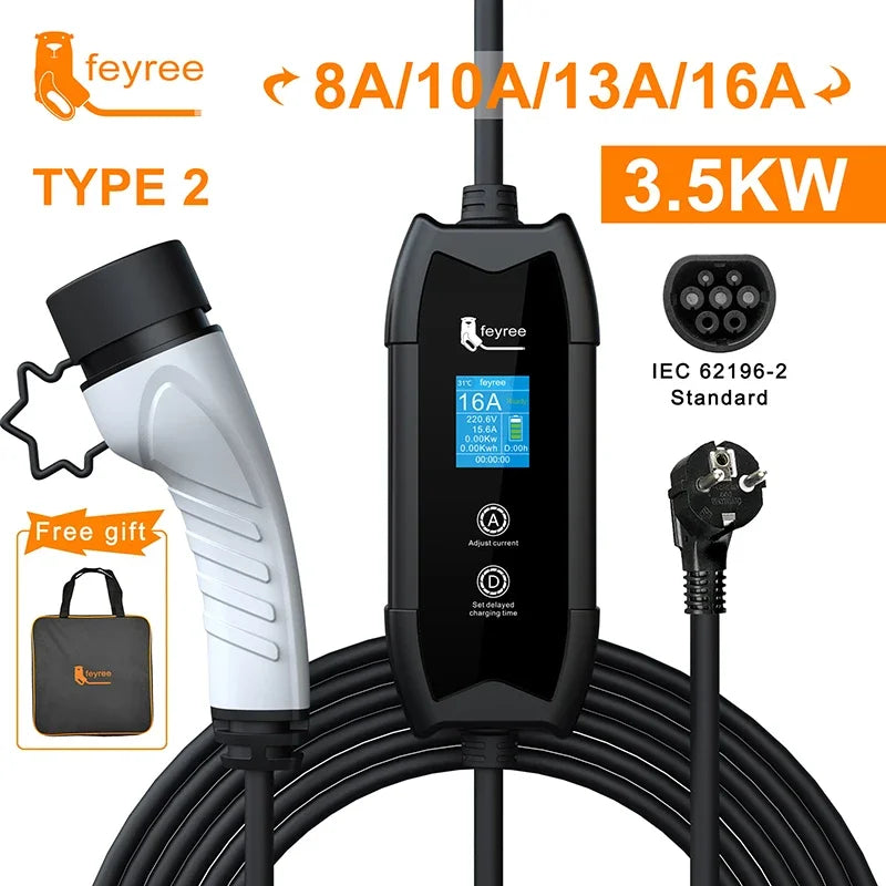 feyree EV Portable Charger Type2 / GB/T Plug Connector 16A 1Phase 3.5KW Type1 3.5m Wallbox Charging Station for Electric Vehicle feyree Official Store