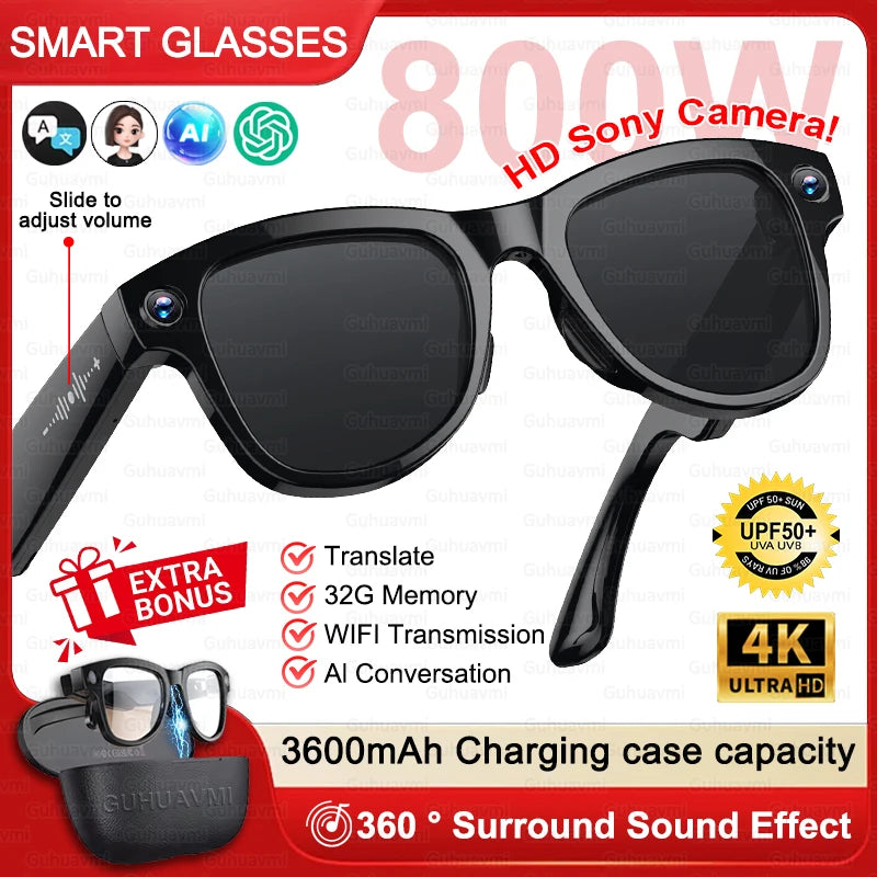 2026 New 3600mAh Large Battery Smart Glasses 8MP HD Camera Video Recording AI Photo Recognition Translation Voice Sunglasses Men