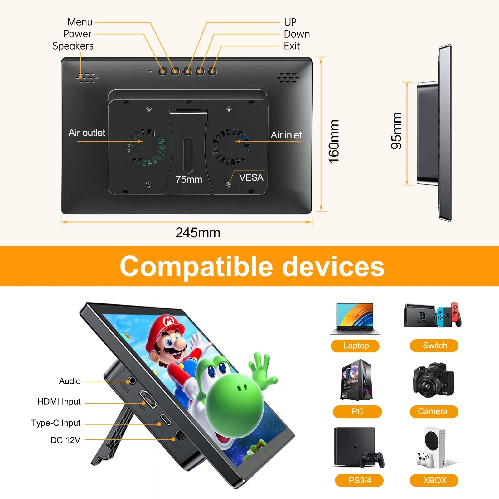 10.1 inch Touch Portable Monitor 1920x1200 Screen IPS LCD 5-point Touchscreen Dual Speaker Type-C HDMI USB-C for Car Computer SpecialMonitor Store