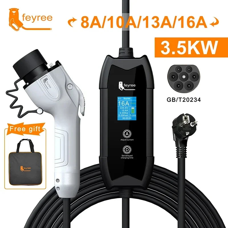feyree EV Portable Charger Type2 / GB/T Plug Connector 16A 1Phase 3.5KW Type1 3.5m Wallbox Charging Station for Electric Vehicle feyree Official Store