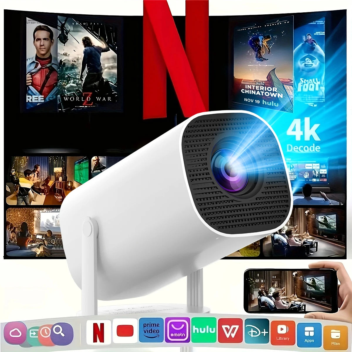 New Portable Projector With WiFi 6 And Wireless 5.0, Native 720P Support 4K Smart Projector, Adjustable Screen, 180° Rotation, B Uwecan Store