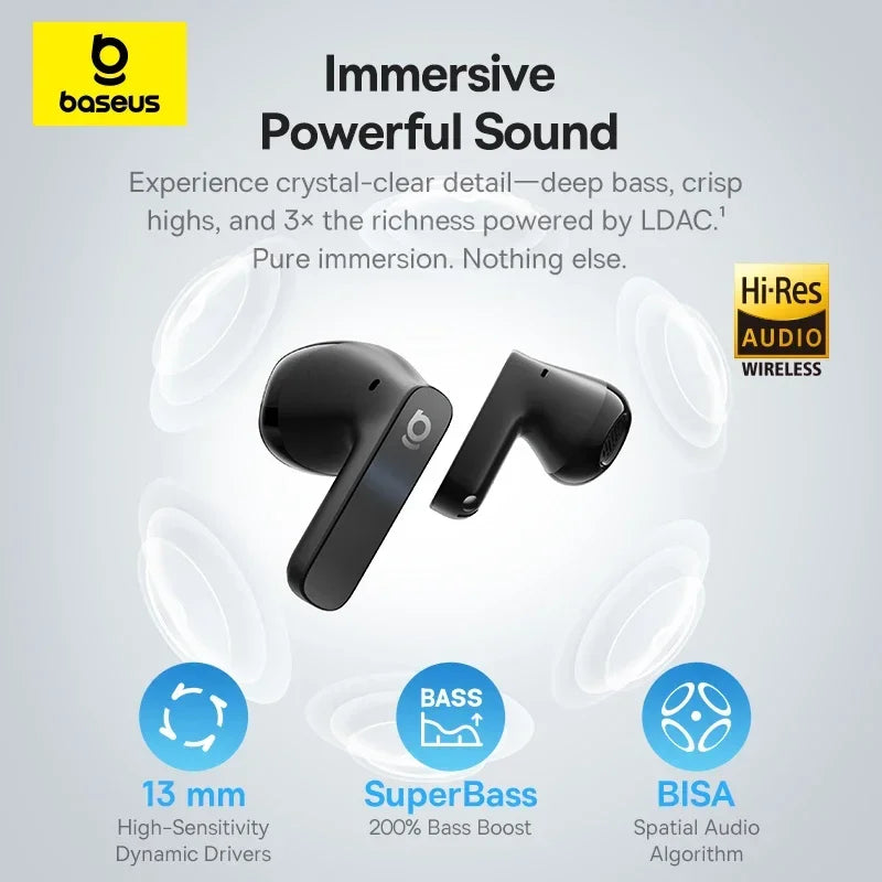 Baseus Bass BS1 NC -40dB Realtime Adaptive ANC Wireless Earbuds Bluetooth 6.0 Semi-Open Earphones LDAC Hi-Res Audio 6-Mic AI ENC BASEUS Co.,Ltd. Store