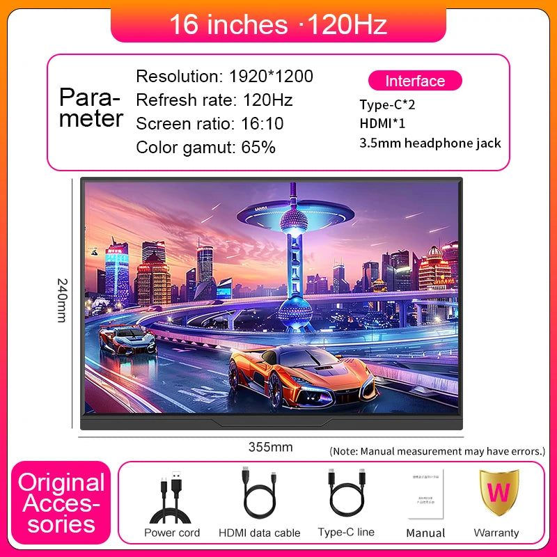LANLIPU 16inch 120Hz 100%sRGB 1920*1200 IPS VESA Portable Monitor for Xbox/PS4/5/Switch/ Cell Phones/PC/MAC Extention Display LANLIPU Technology Store