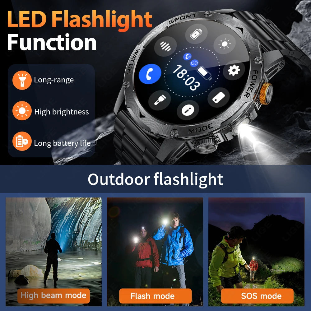 LIGE New 1000mAh Big Battery Smart Watch Men LED Flashlight Bluetooth Call IP68 Waterproof Man Watches 100+Spots Mode Smartwatch LIGE Smart Watch Official Store