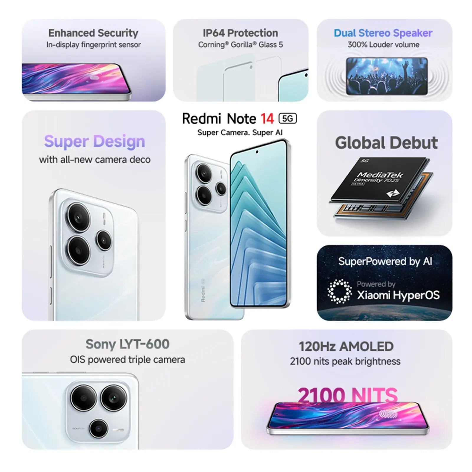 Global Version Xiaomi Redmi Note 14 5G Smartphone 50MP Camera MTK Dimensity 7025-Ultra 45W Charging 6.67" 120Hz Display IP64 Xiaomi Mi - Global Store