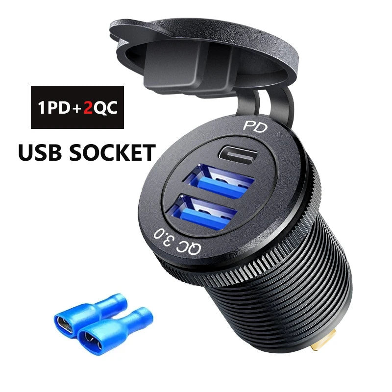 Type c car usb charger socket 12/24V Three Port USB Charger Socket USB-C PD & Dual QC 3.0 For Car Motorcycle Boat RV Fiuzd Car Accessories Store