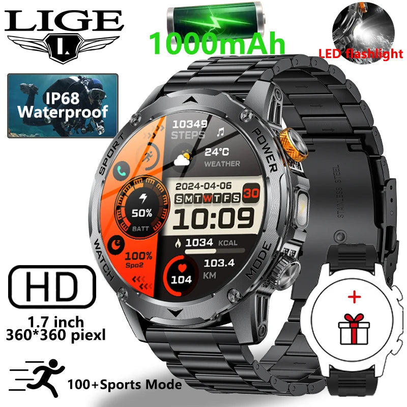 LIGE New 1000mAh Big Battery Smart Watch Men LED Flashlight Bluetooth Call IP68 Waterproof Man Watches 100+Spots Mode Smartwatch LIGE Smart Watch Official Store